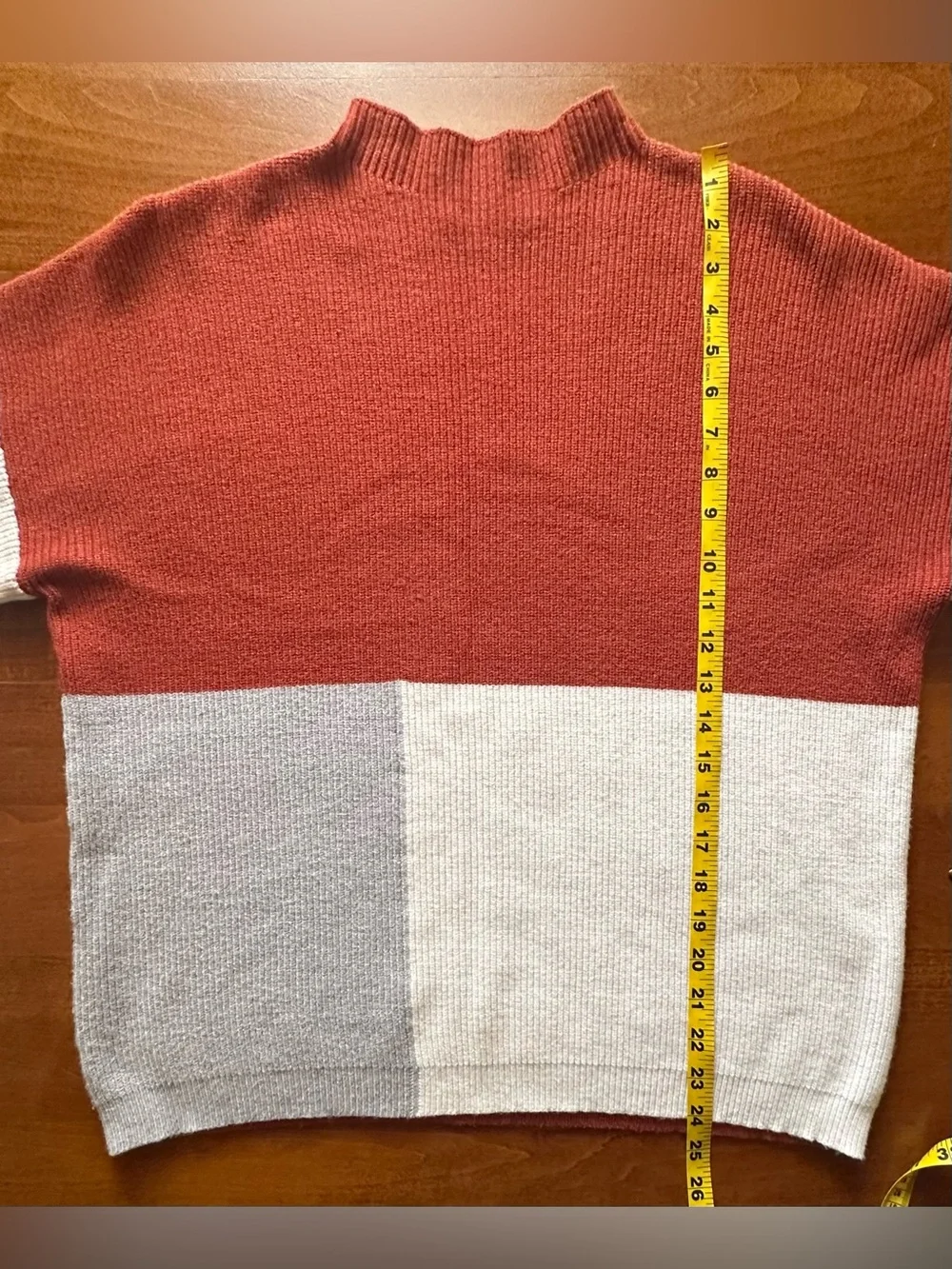 Roolee•colorblock mock-neck sweater•large•viscose blend•rust orange/cream/gray